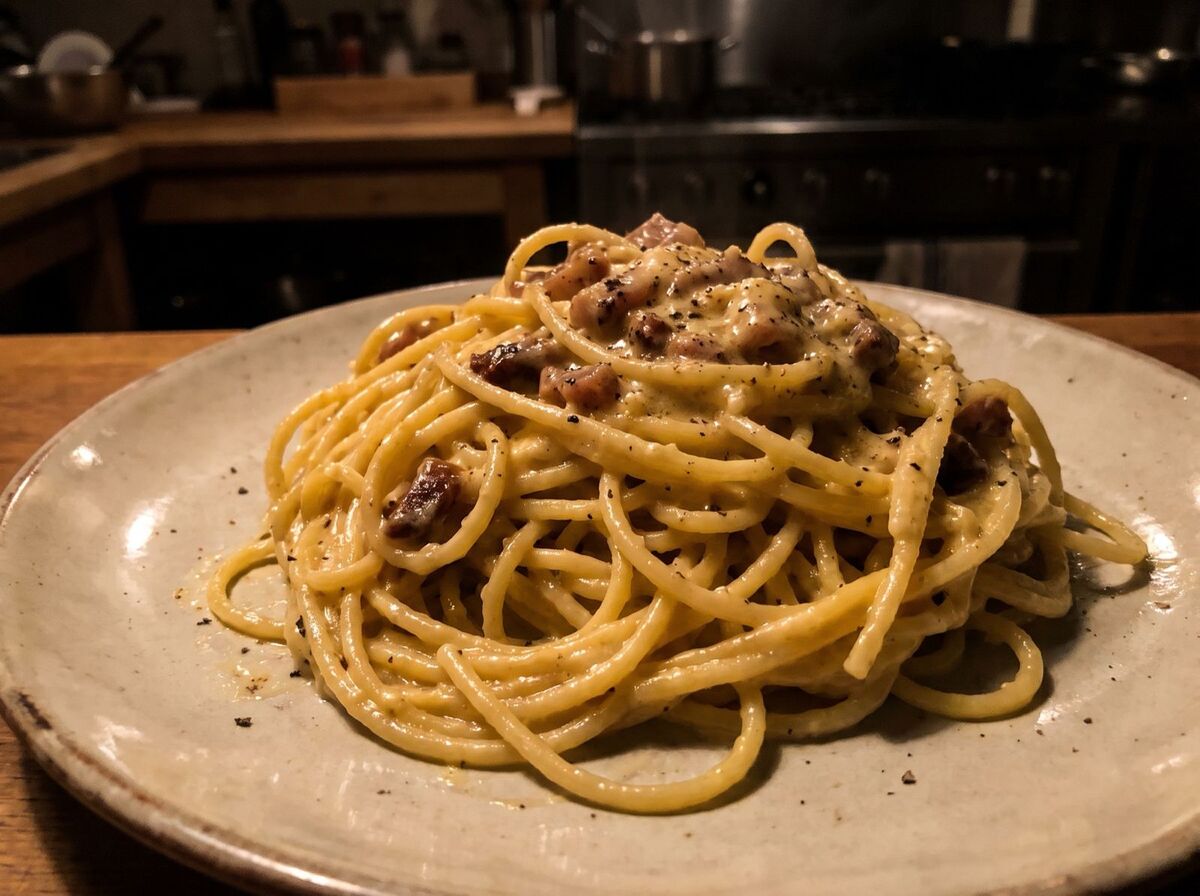 Talíř spaghetti alla carbonara s guanciale a pepřem