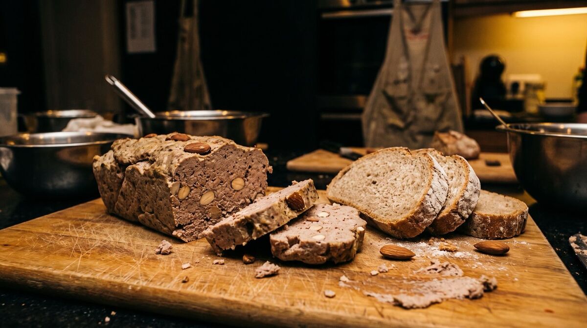 Domácí drůbeží paštika s mandlemi a krajíce chleba