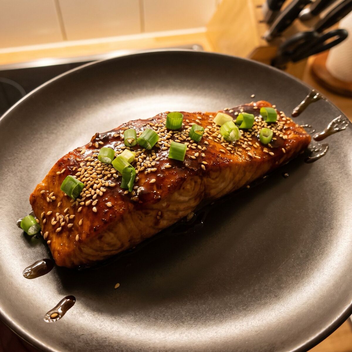 Losos v teriyaki se sezamem a jarní cibulkou