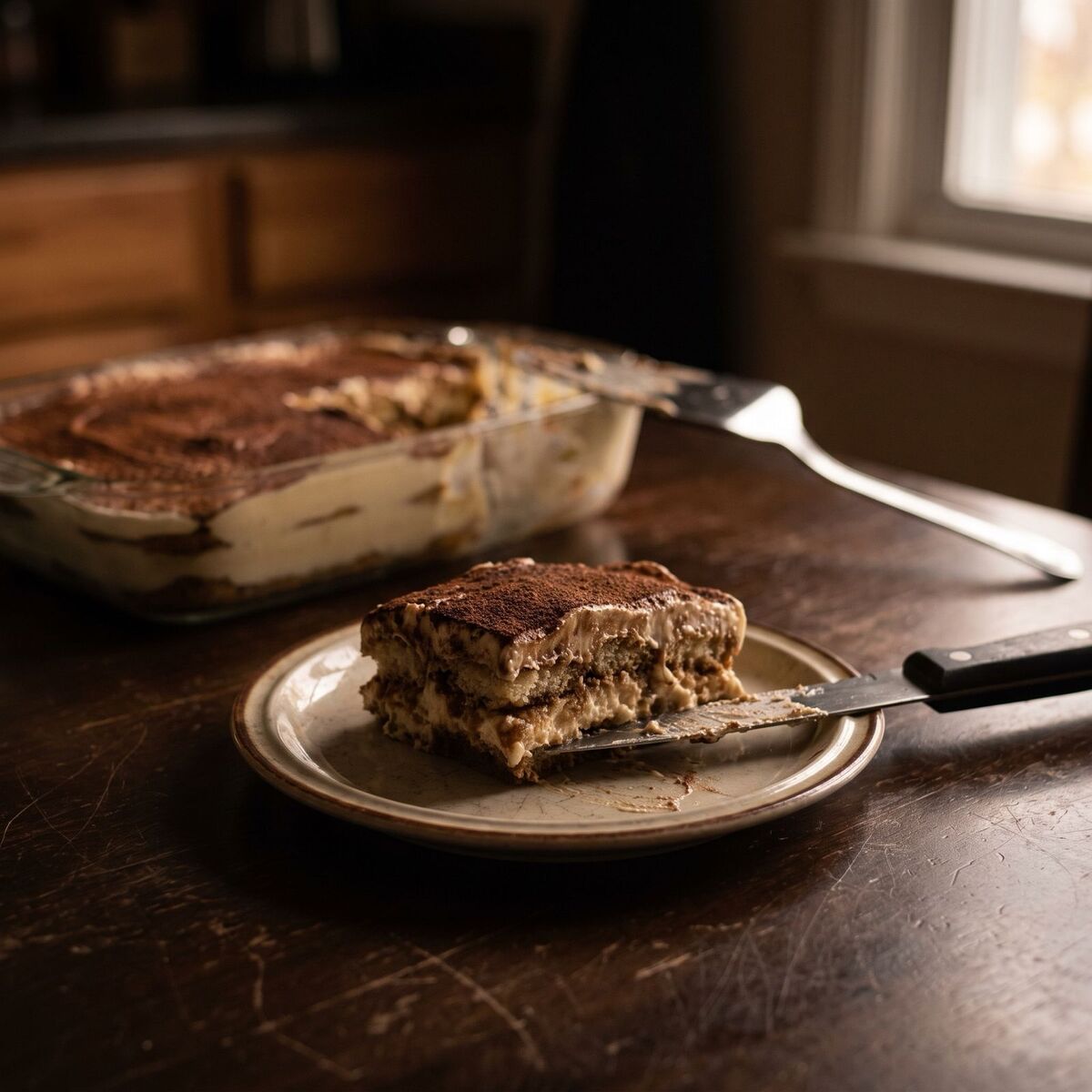Porce tiramisu na talířku, za ní forma